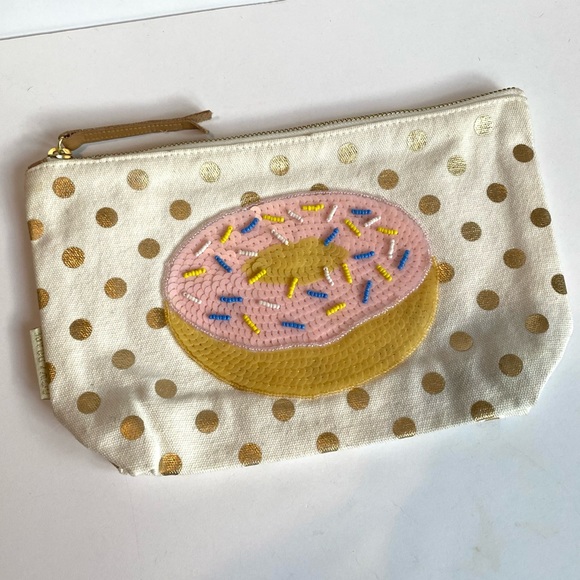 Bow and Drape gold polka dot clutch with donut sequin patch, Like new - Picture 8 of 8
